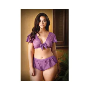 Curve Kate Lace Tie Front Crop Top With Matching Tap Panty 3x/4x Amethyst