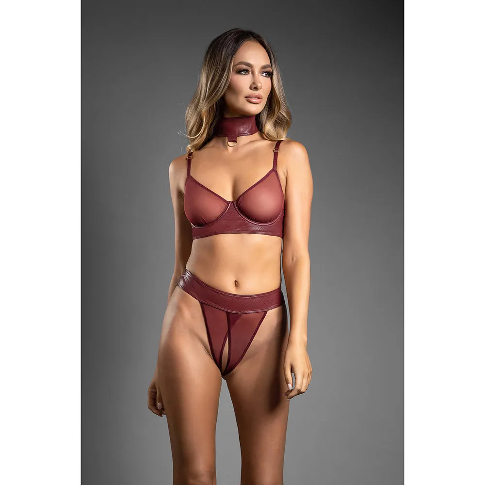Fantasy Lingerie Domina Embossed Faux Leather Convertible Bra with Chain Leash & Open Panty M/L