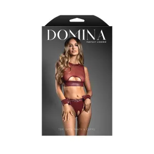 Fantasy Lingerie Domina Embossed Faux Leather Cut-Out Top & Crotchless Panty with Handcuffs S/M