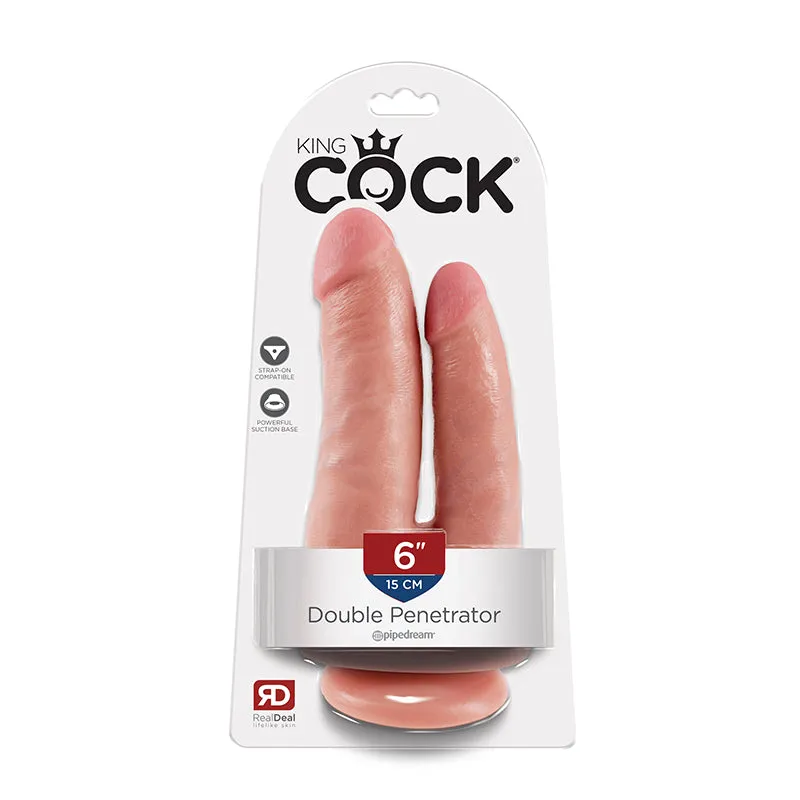 King Cock Double Penetrator 6 in. Realistic Dual-Entry Dildo With Suction Cup Beige
