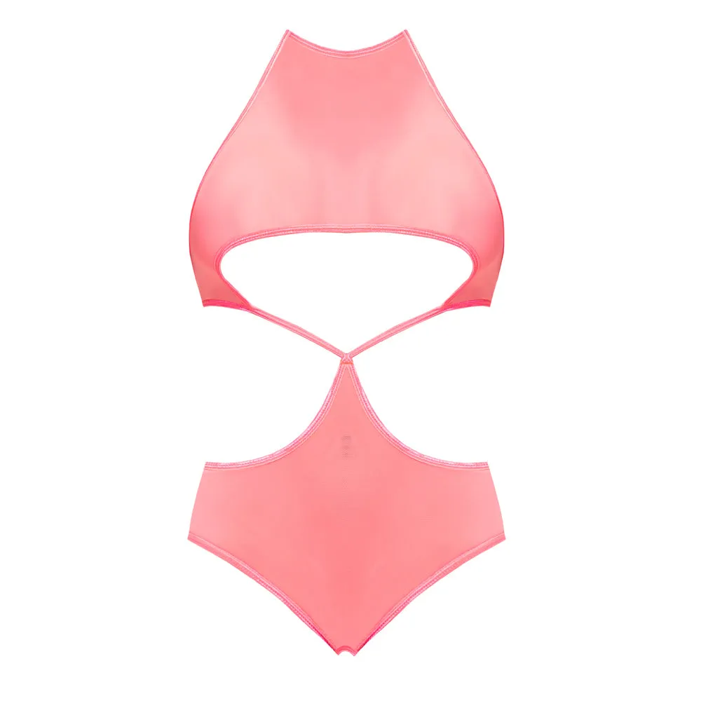 Magic Silk Forever Mesh Crotchless Underboob Teddy With Split Back Coral S/m
