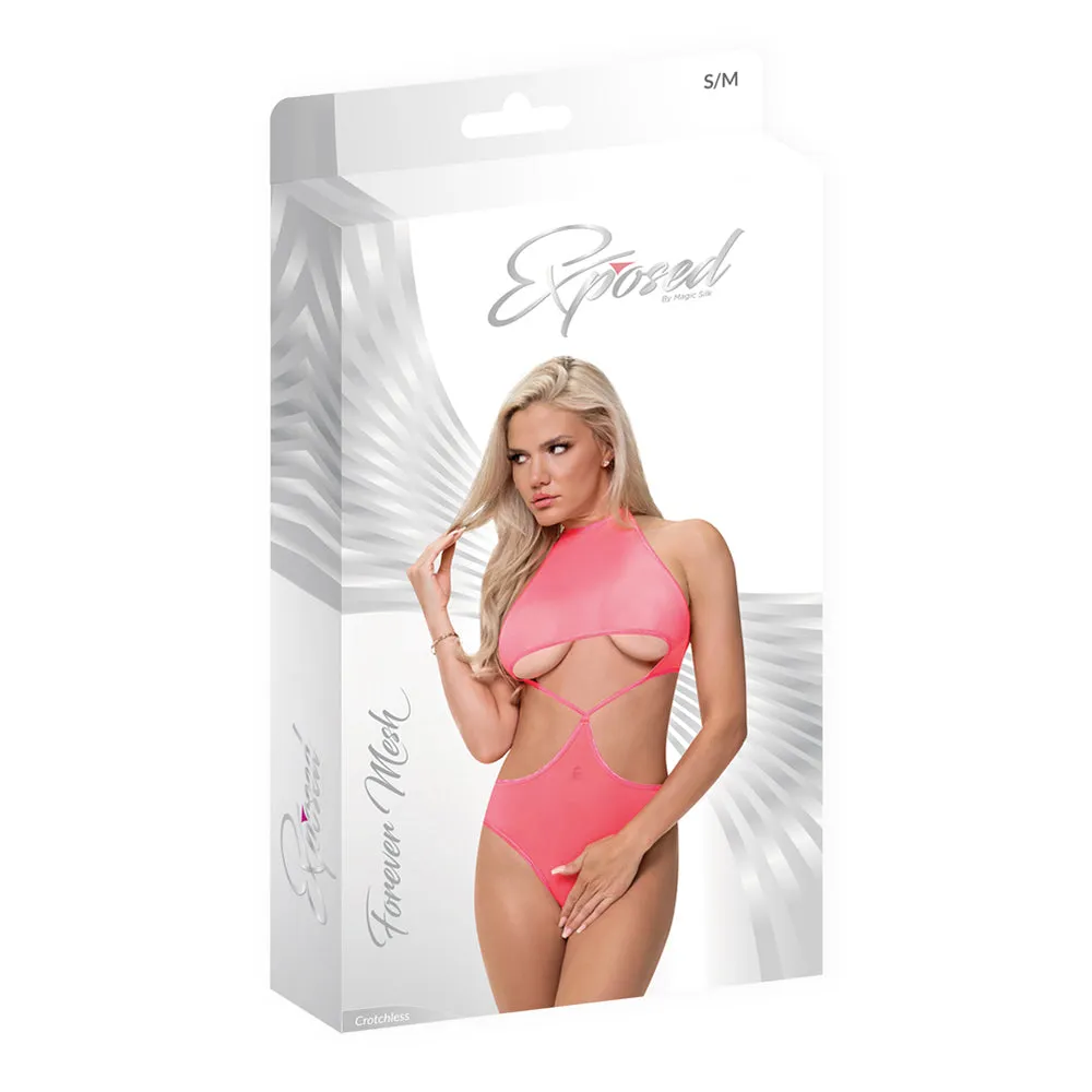 Magic Silk Forever Mesh Crotchless Underboob Teddy With Split Back Coral S/m
