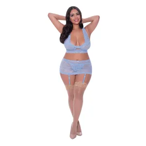 Magic Silk Ooh La Lace Bralette. Garter Skirt & G-String Set Periwinkle Queen Size