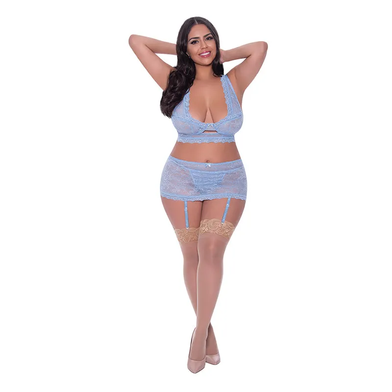 Magic Silk Ooh La Lace Bralette. Garter Skirt & G-String Set Periwinkle Queen Size