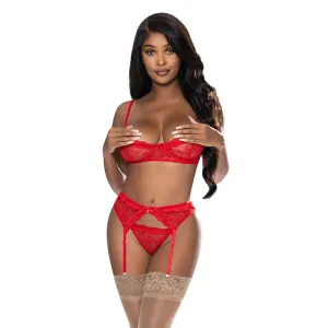 Magic Silk Ooh La Lace Demi Bra. Garter & Tanga Set Red L/XL