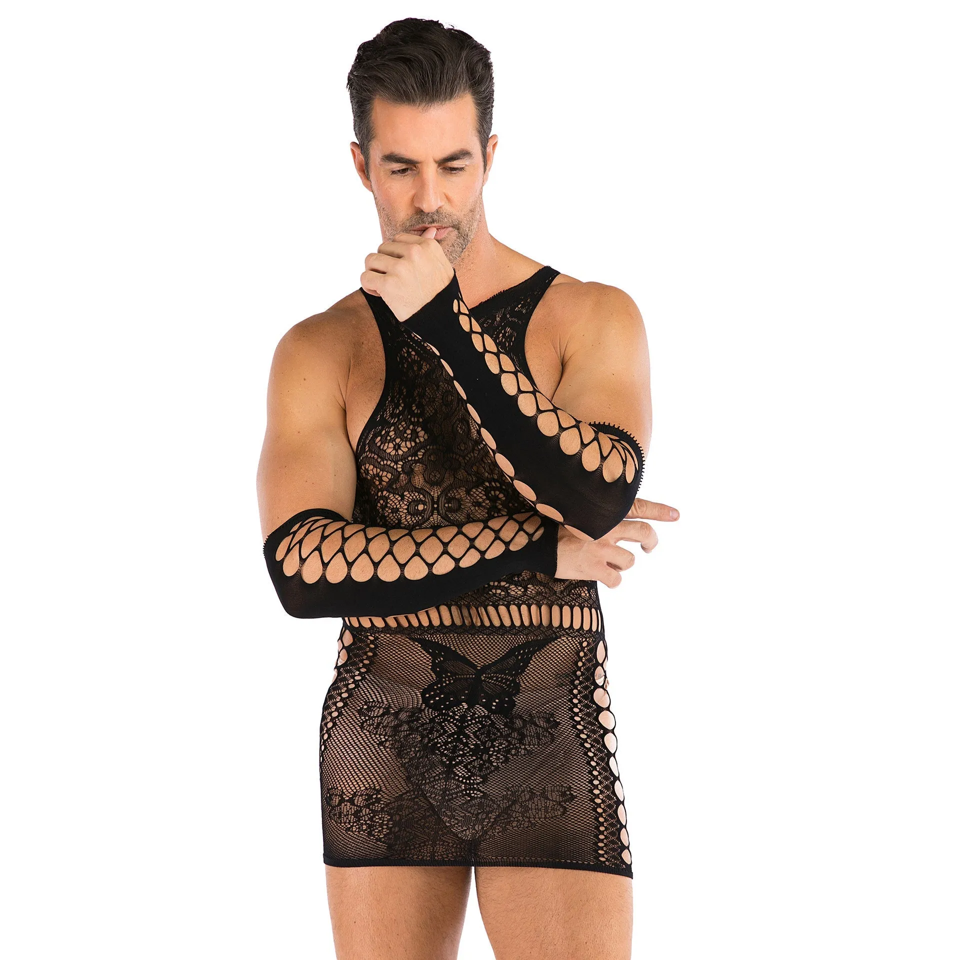Men's Oversized Hip Wrap Skirt One-piece Mesh Stocking