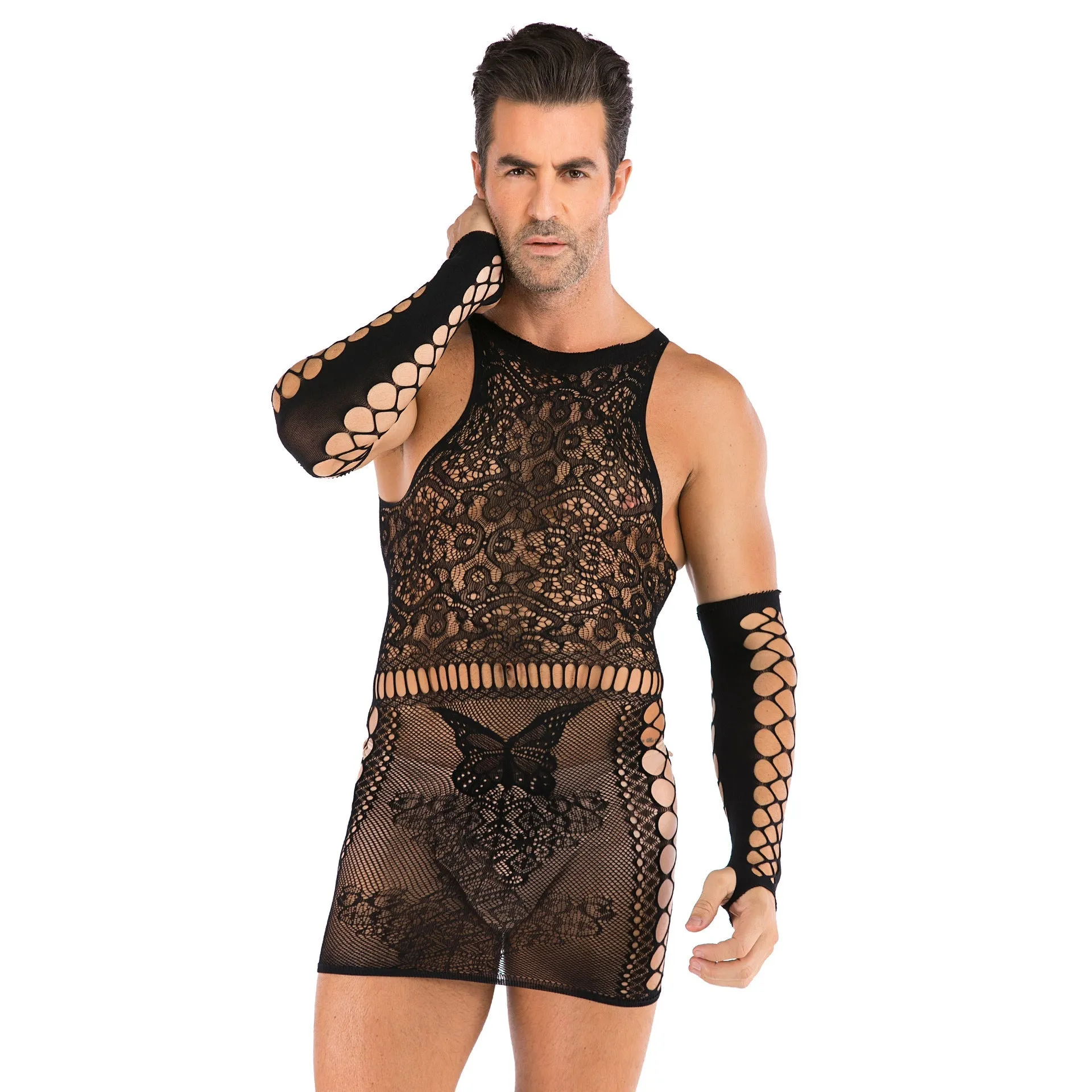 Men's Oversized Hip Wrap Skirt One-piece Mesh Stocking
