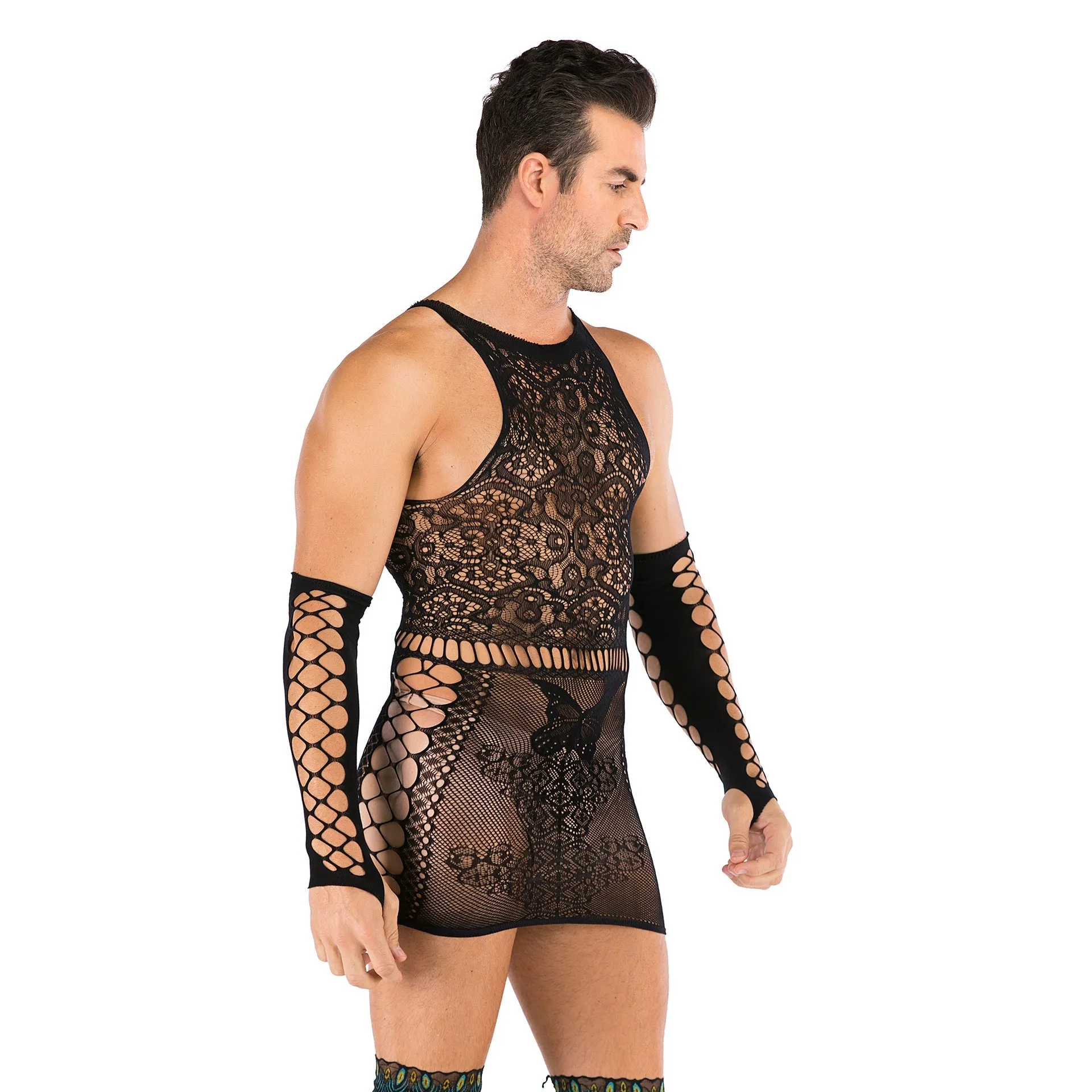 Men's Oversized Hip Wrap Skirt One-piece Mesh Stocking