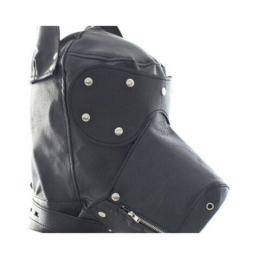 Ple'sur Locking Lace-up Faux Leather Dog Hood Mask With Zipper Mouth Black