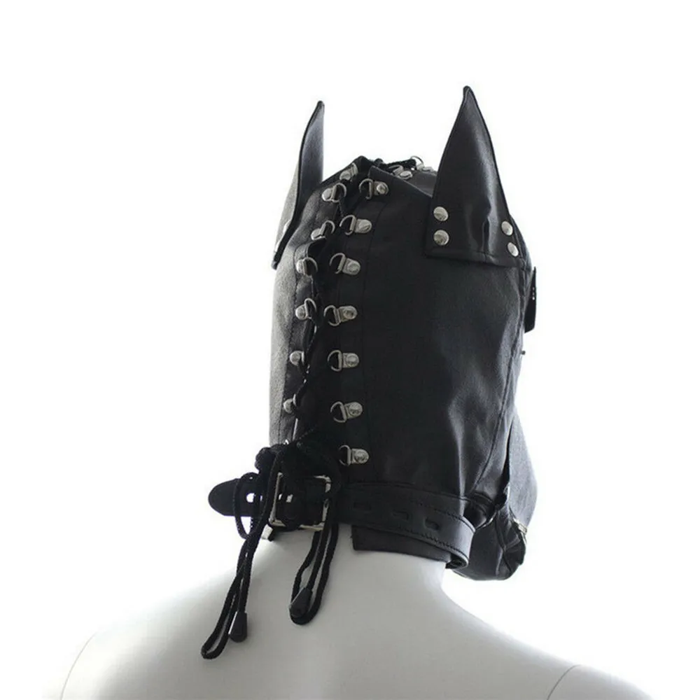 Ple'sur Locking Lace-up Faux Leather Dog Hood Mask With Zipper Mouth Black