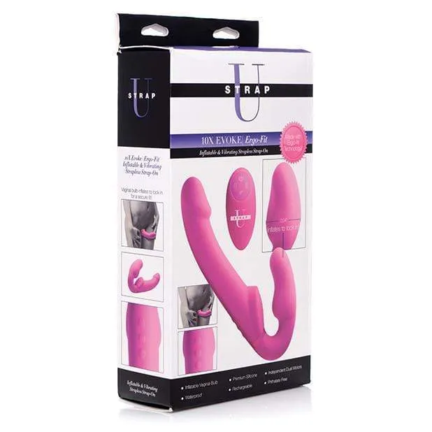 Strap U - 10X Evoke Ergo Fit Inflatable and Vibrating Strapless Strap On Dildo with Remote (Pink)