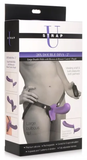 STRAP U 28X DOUBLE DIVA 2IN DOUBLE DILDO W/ HARNESS PURPLE